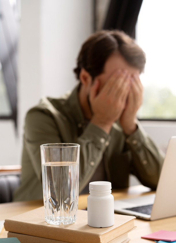 Stressed man sitting at a table with medication and a glass of water, holding his head in his hands